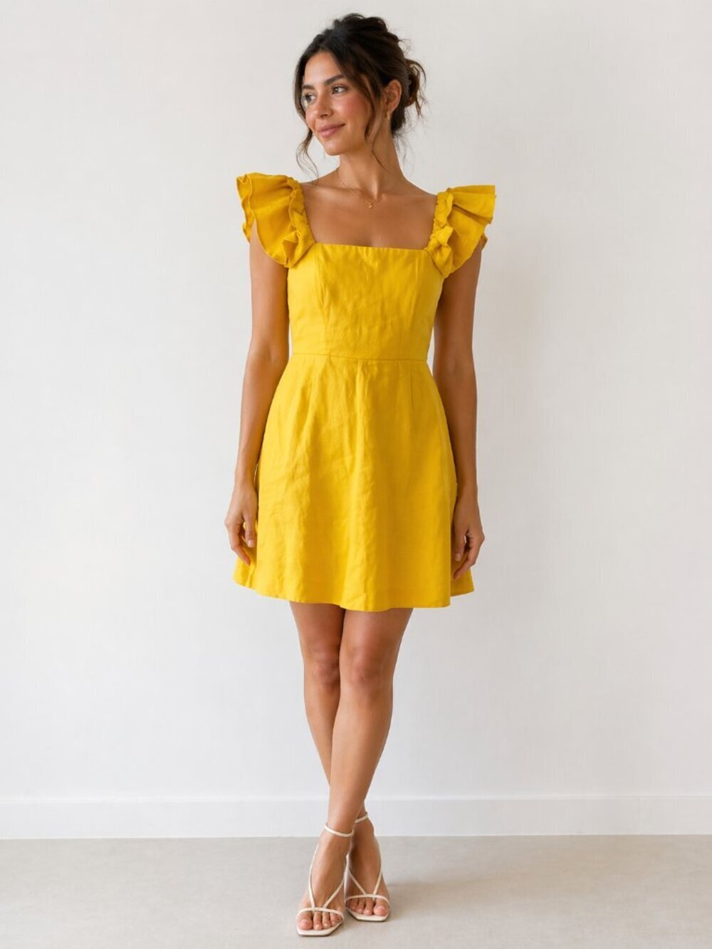 Bardot Linen Blend Ruffle Strap Mini Dress Marigold Yellow Size Small/6